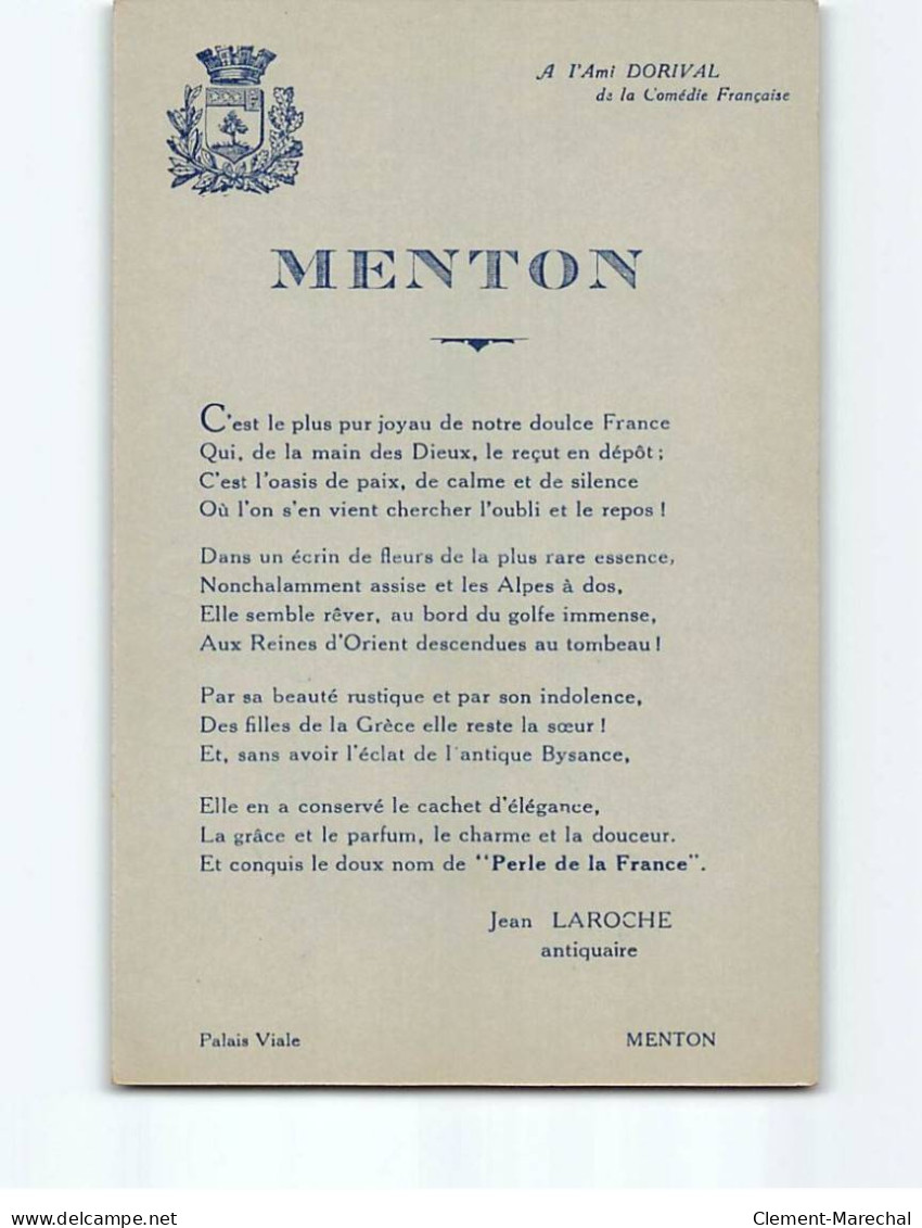 MENTON : Citation De Jean Laroche Sur La Ville - Très Bon état - Menton