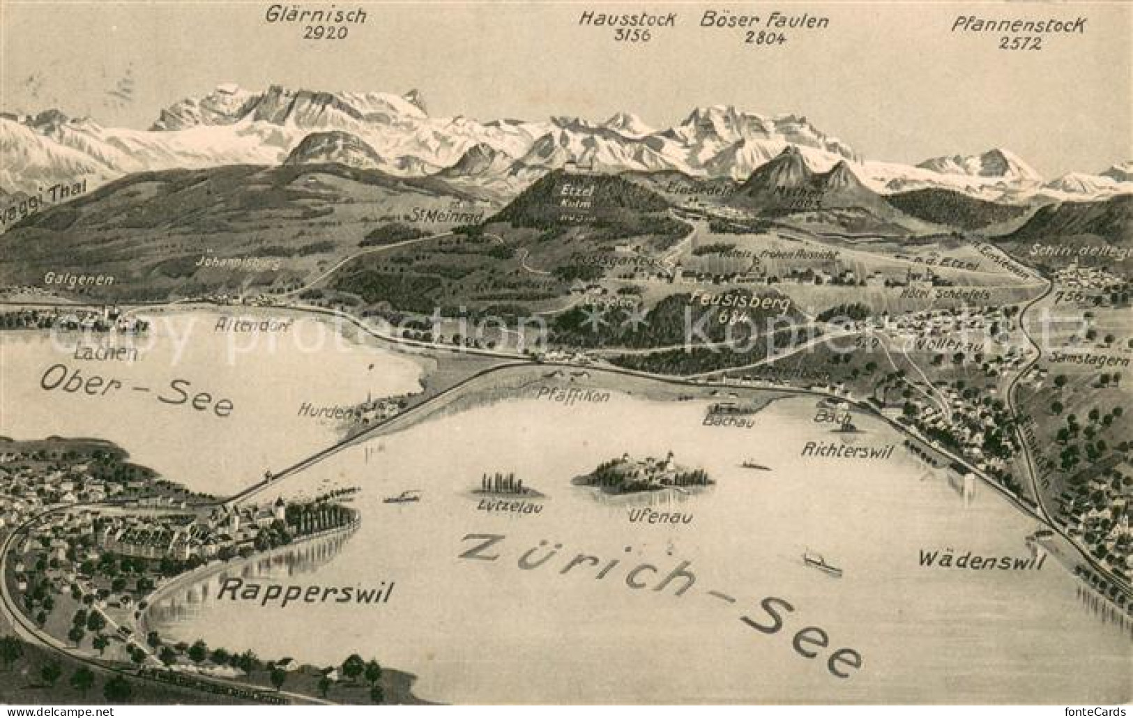 13755769 Rapperswil Zuerichsee BE Panoramakarte Mit Ober See  - Altri & Non Classificati