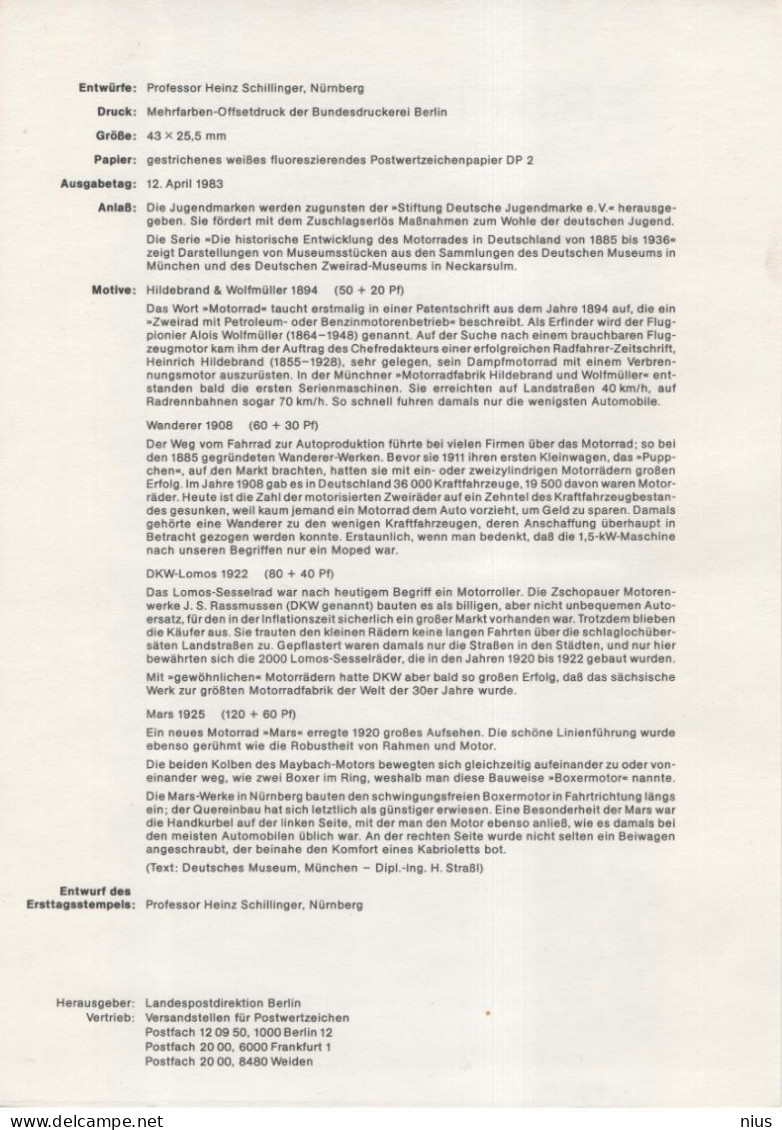 Germany Deutschland 1983-03 Fur Die Jugend, Motorcycle Bike Motorbike Cycle Transport, Canceled In Berlin - 1981-1990