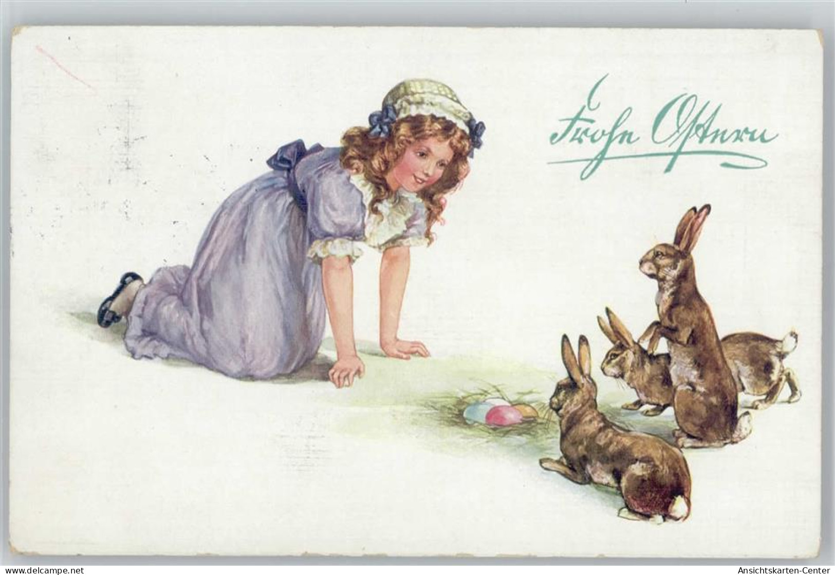12034909 - Ostereier Maedchen Mit Einem Kleid Und Hasen, - Easter