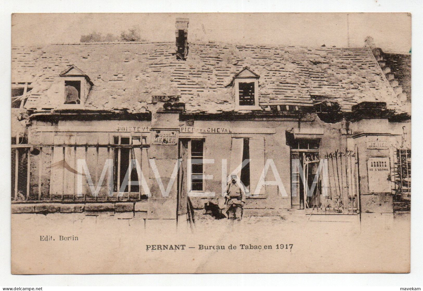 Cpa Rare  Militaire " PERNANT - Bureau De Tabac En 1917 "  ( Pub Chocolat MENIER - Façade  à Pied Et à Cheval ) - Other & Unclassified