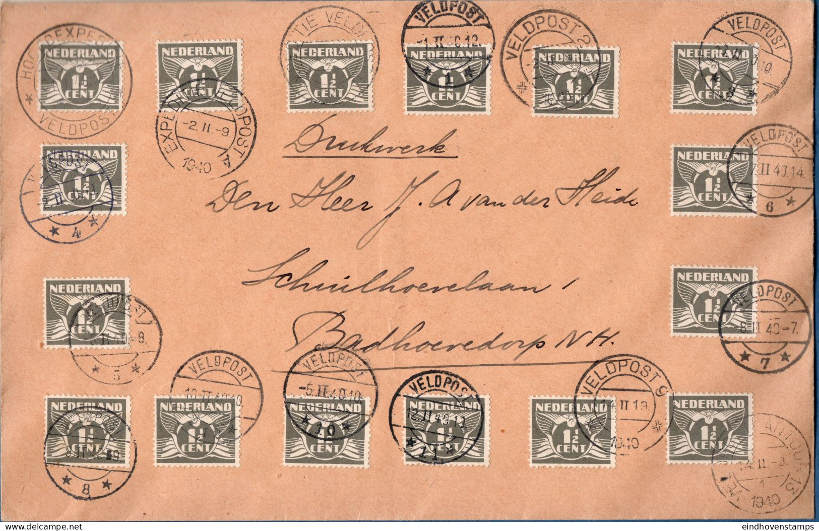 Netherlands 1940 Envelope With A Collection Of Fieldpost-cancels: Hoofdexpeditie, Fieldpost A B Nd 1 - 12, Printed Matte - Dienstzegels