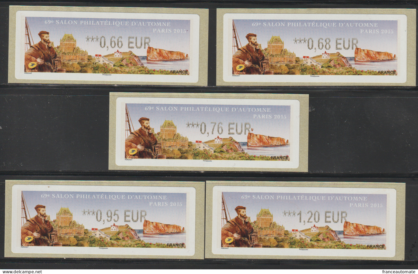 5 Atms, Lisa2, 0.66/0.68/0.76/0.95/1.20€. JACQUES CARTIER, 5/11/2015. Percé, Québec, CANADA. 69ème Salon D'automne - 2010-... Illustrated Franking Labels