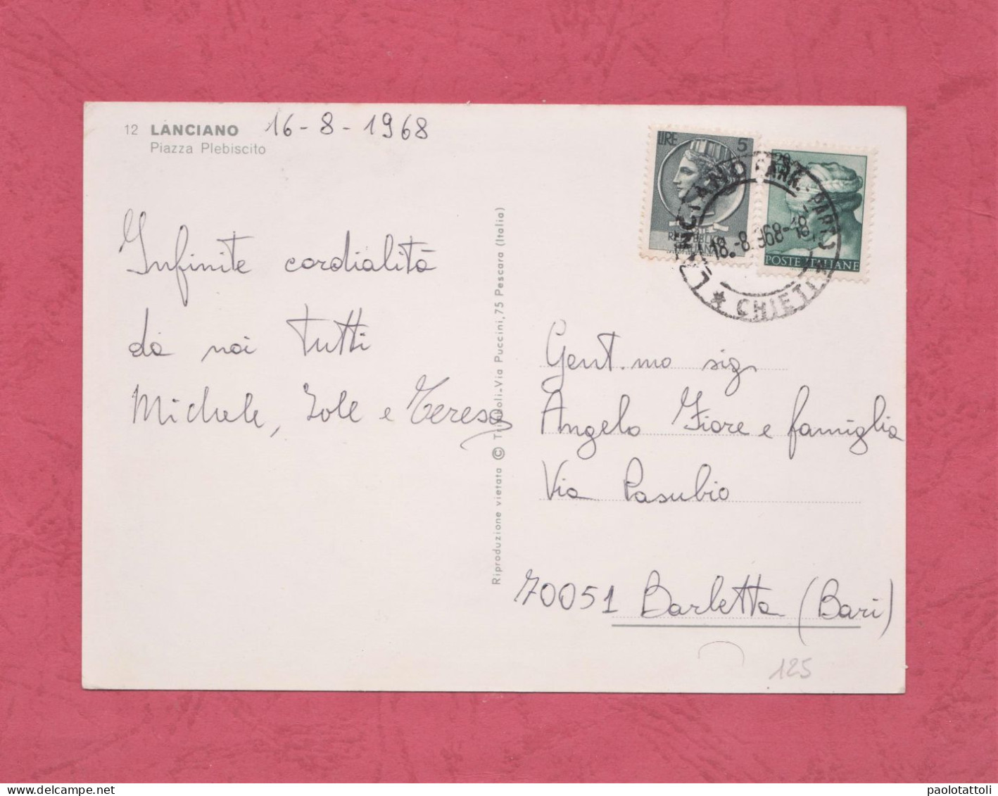 Lanciano. Piazza Plebiscito- Stadard Size, Back Divided, Ed.Trimboli. Cancelled And Mailed To Barletta On 18.8.1968. - Autres & Non Classés