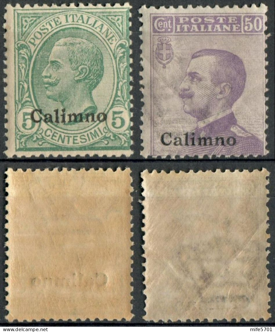 REGNO COLONIE EGEO CALINO 1916 DUE FRANCOBOLLI DA C. 5 / C. 50 SOPRASTAMPATI 'CALIMNO' NUOVI MNH ** SASSONE 2-7 - Egeo (Calino)