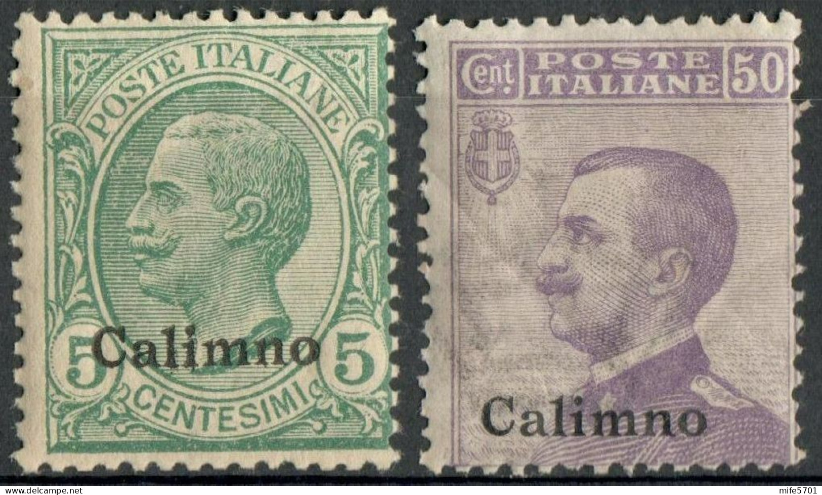 REGNO COLONIE EGEO CALINO 1916 DUE FRANCOBOLLI DA C. 5 / C. 50 SOPRASTAMPATI 'CALIMNO' NUOVI MNH ** SASSONE 2-7 - Aegean (Calino)