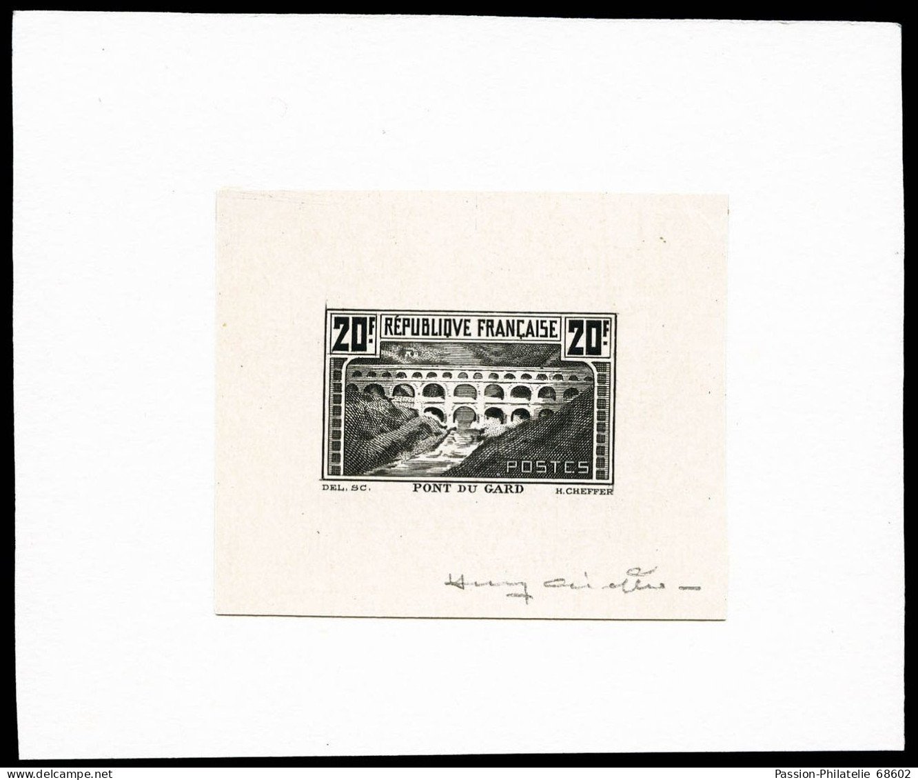 N°262, Pont Du Gard: Epreuve De Couleur En Noir Petit Format Signée Du Graveur (Henry Cheffer) Sur Carton - Unused Stamps