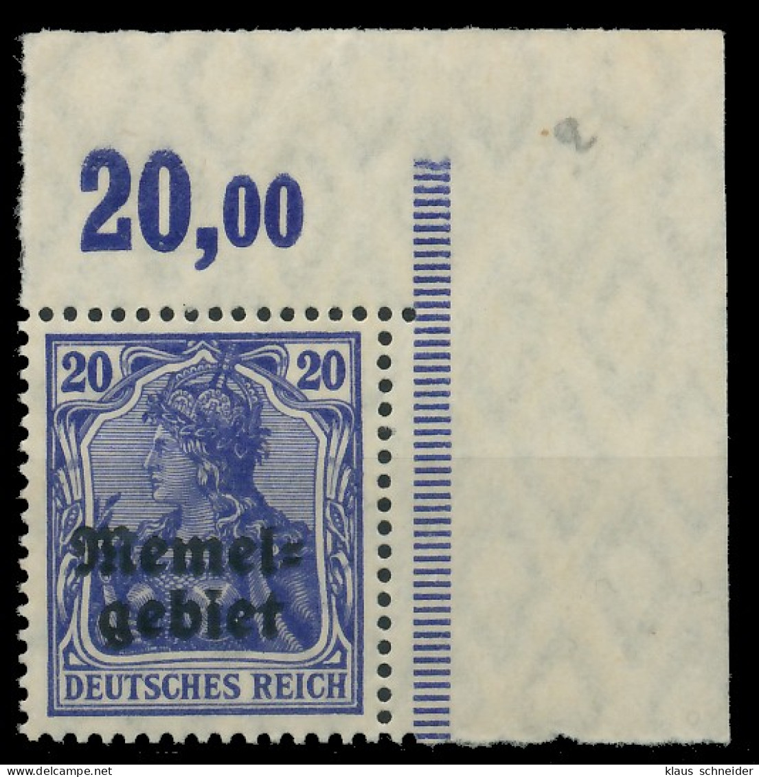 MEMEL 1920 GERMANIA Nr 4 POR Postfrisch ECKE-ORE X416AA6 - Memel (Klaïpeda) 1923