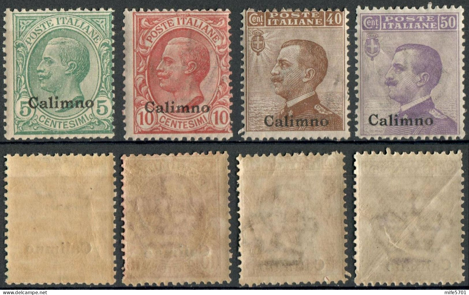 REGNO COLONIE EGEO CALINO 1916 4 FRANCOBOLLI C. 5 / C. 10 / C. 40 / C. 50 SOPRASTAMPATI 'CALIMNO' MNH ** SASSONE 2/3-6/7 - Ägäis (Calino)