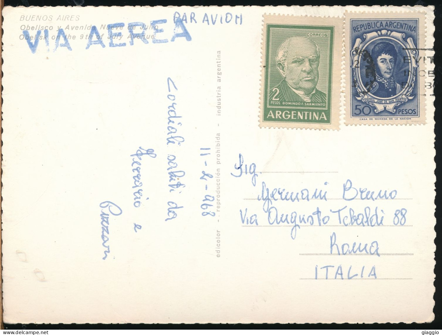 °°° 31002 - ARGENTINA - BUENOS AIRES - OBELISCO Y AVENIDA NUEVE DE JULIO - 1968 With Stamps °°° - Argentinien