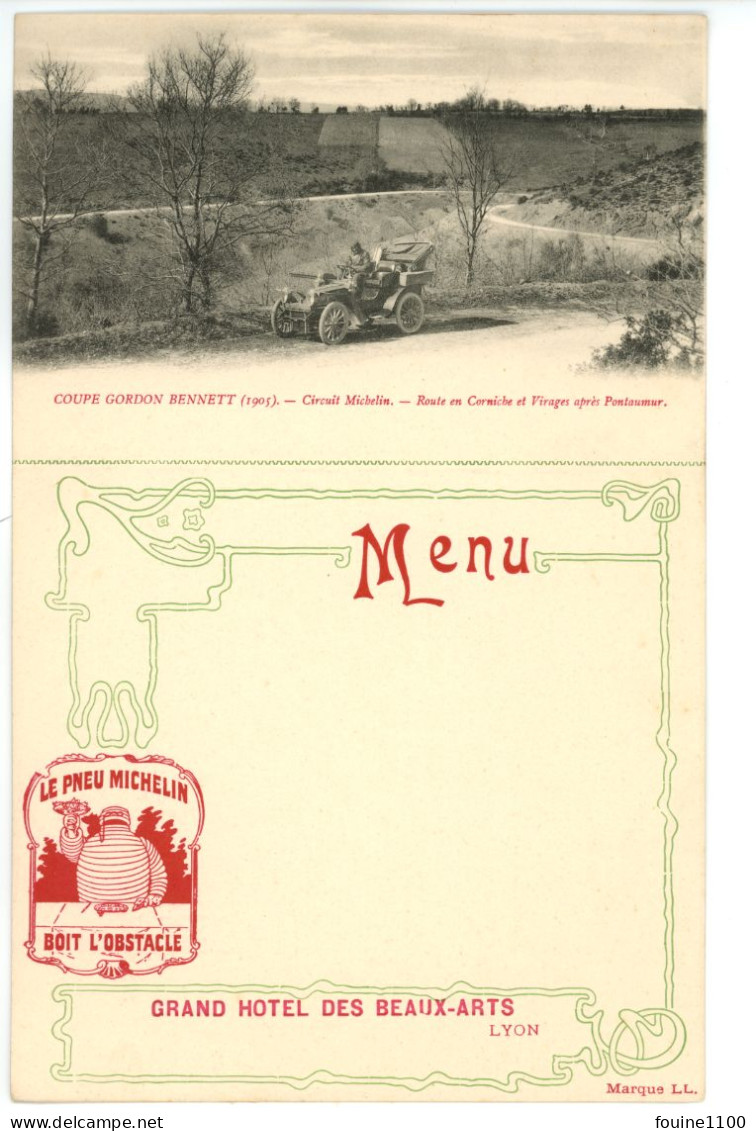 RARE CARTE MENU Coupe Gordon Bennett 1905 CIRCUIT MICHELIN ROUTE EN CORNICHE ET VIRAGES APRES PONTAUMUR - Andere & Zonder Classificatie