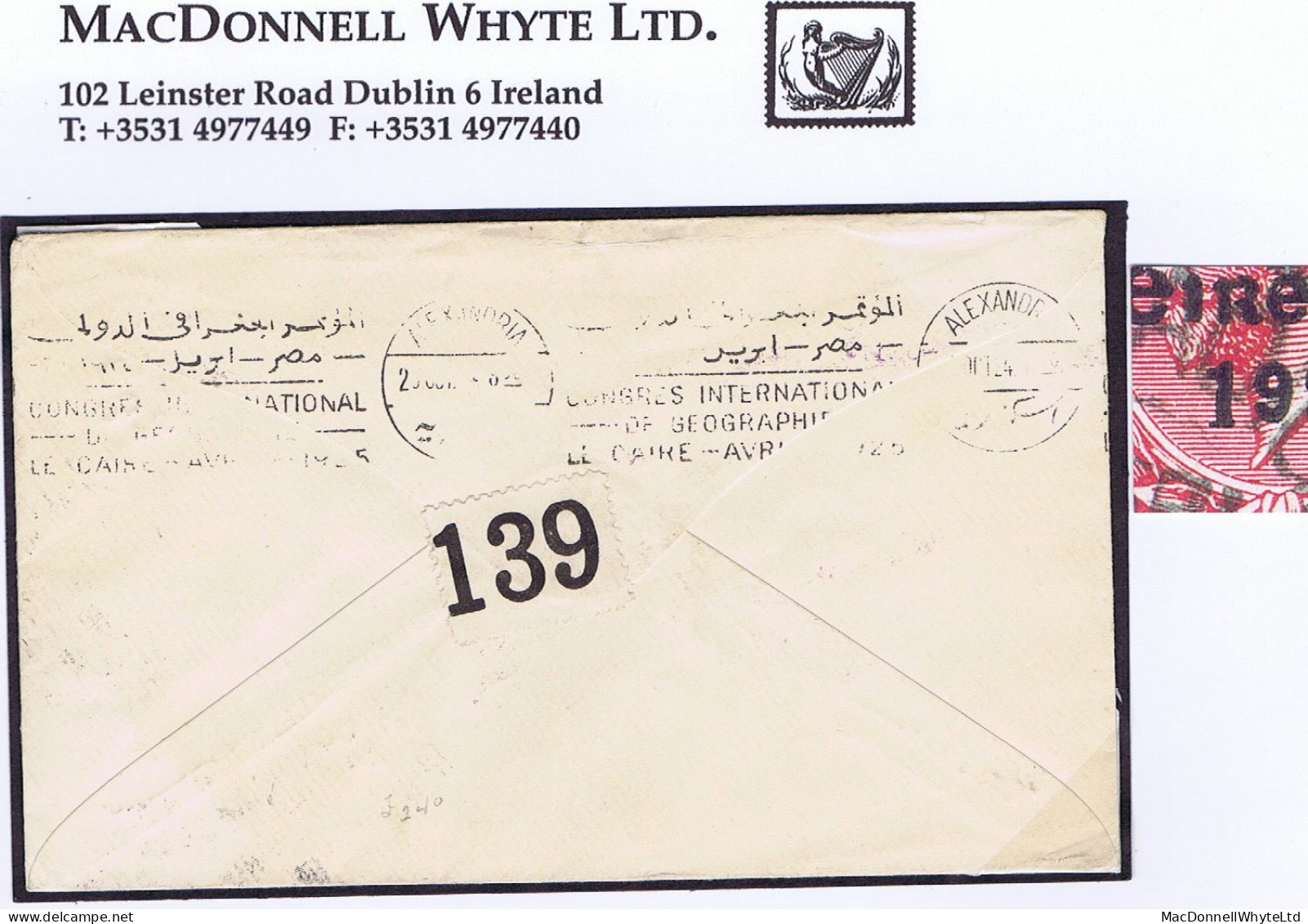 Ireland 1923 Harrison Saorstat 3-line Coils, 1d Var. "Long 1" Used On Airmail Cover Dublin To Egypt - Oblitérés