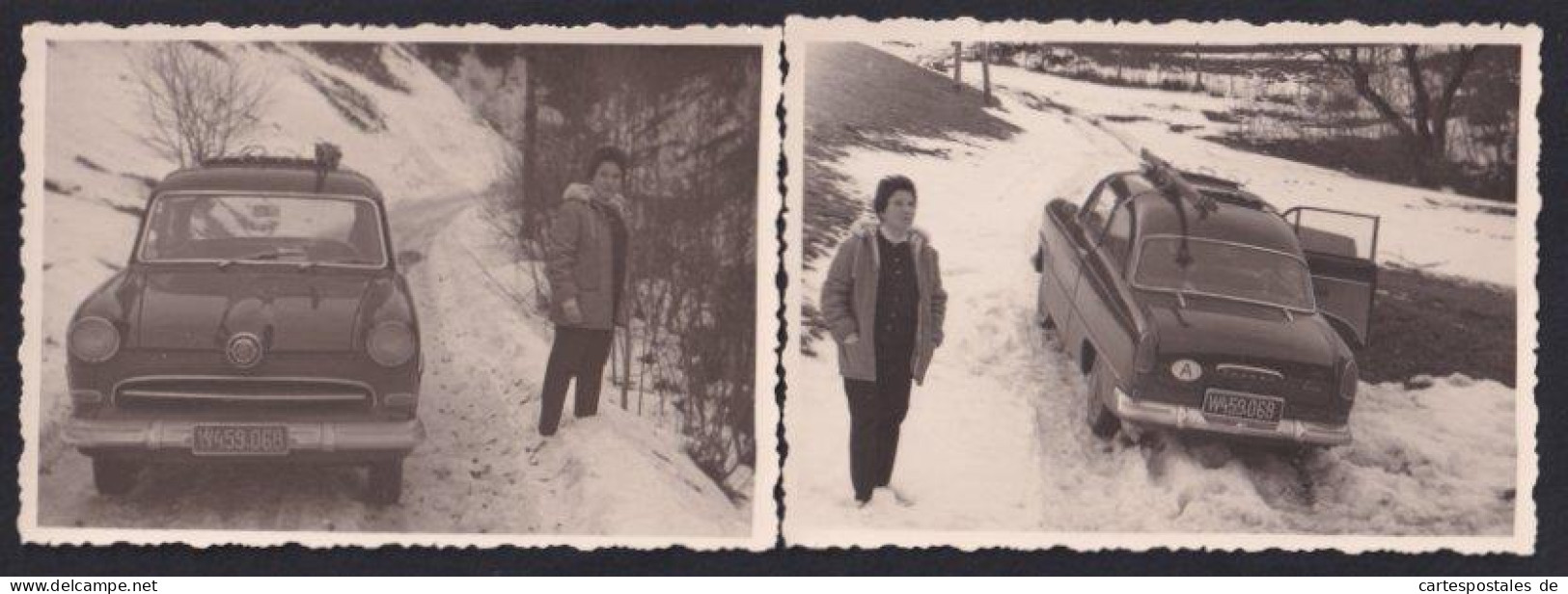 2 Fotografien Auto Ford Taunus Weltkugel, PKW Mit Kennzeichen Wien Im Schnee  - Auto's