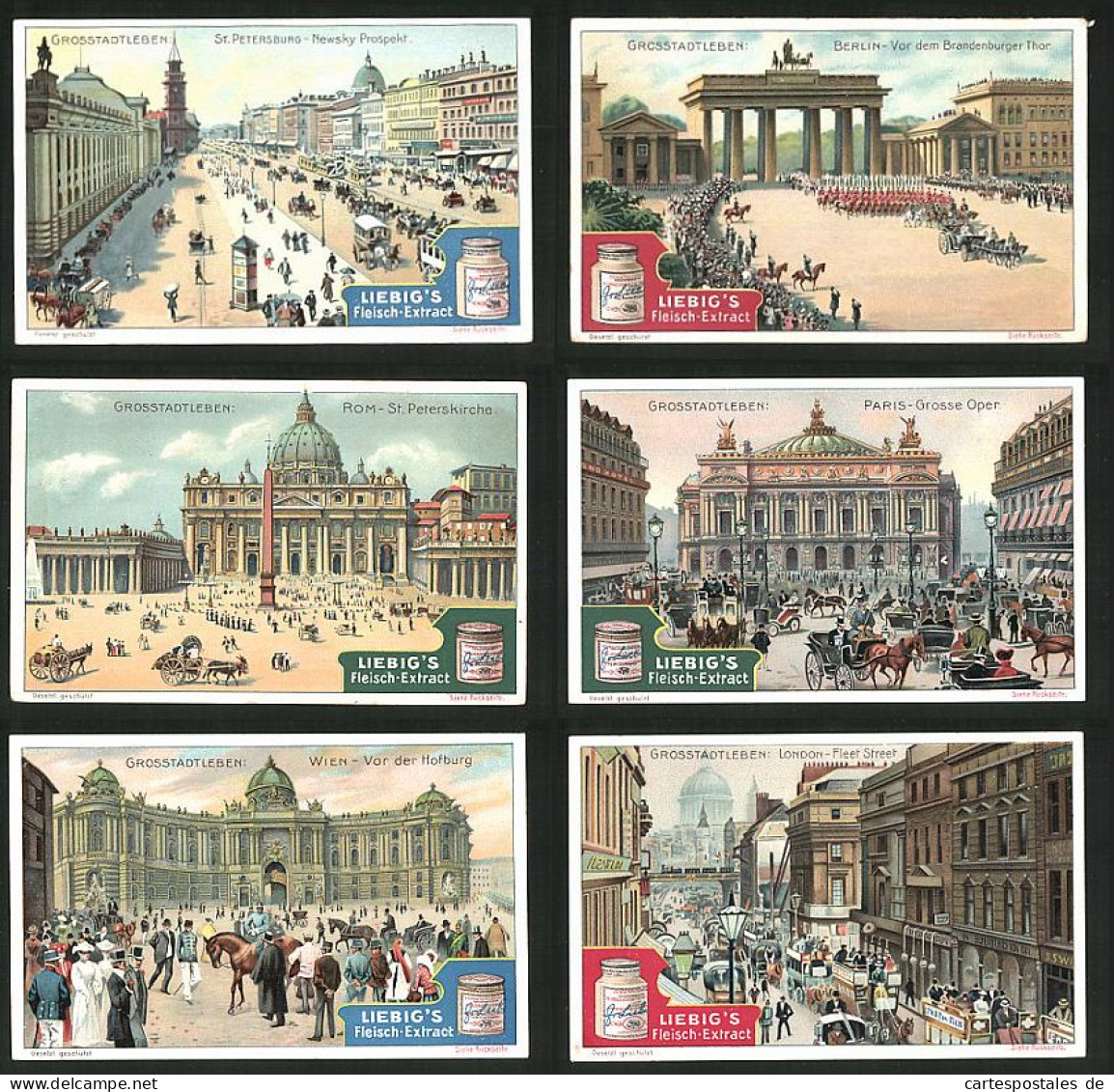 6 Sammelbilder Liebig, Serie Nr.: 806, Grosstadtleben, London, Wien, Paris, Rom, Berlin, St. Petersburg, Pferdebahn  - Liebig