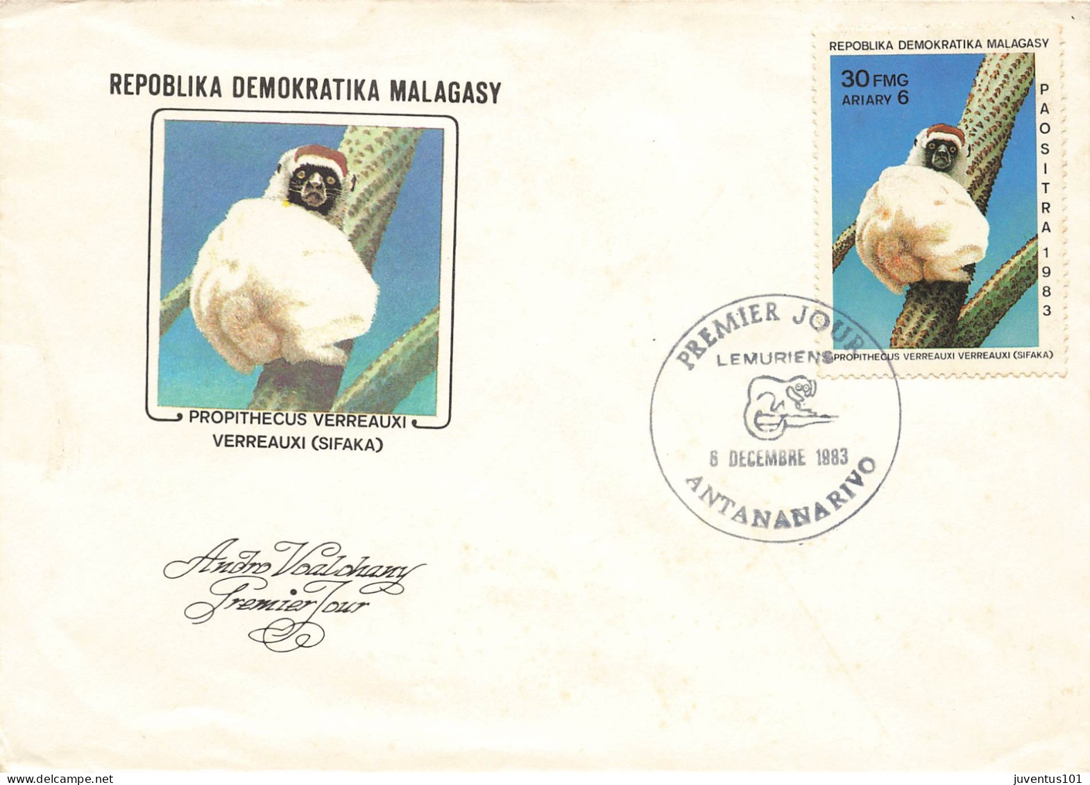 Enveloppe 1er Jour Lémuriens-Verreauxi Sifaka Madagascar-Antananarivo-Beau Timbre-RARE   L2911 - Madagascar (1960-...)