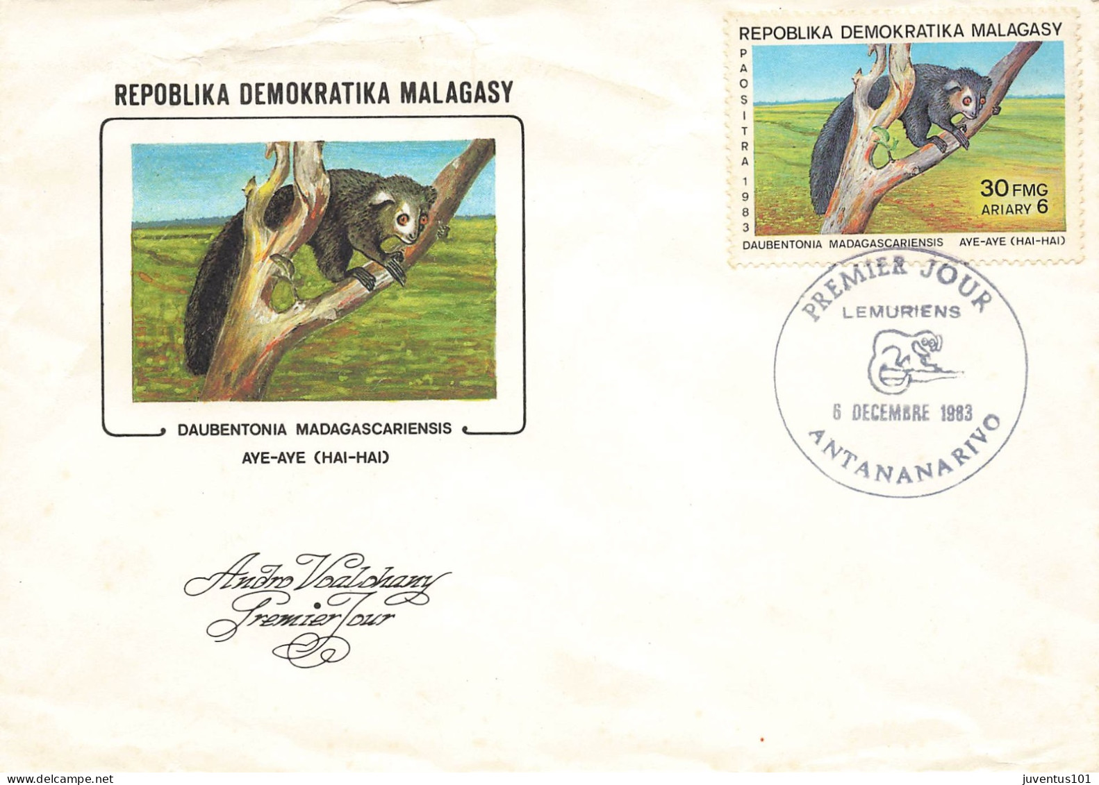 Enveloppe 1er Jour Lémuriens-Daubentonia-Aye Aye Madagascar-Antananarivo-Beau Timbre-RARE   L2911 - Madagascar (1960-...)