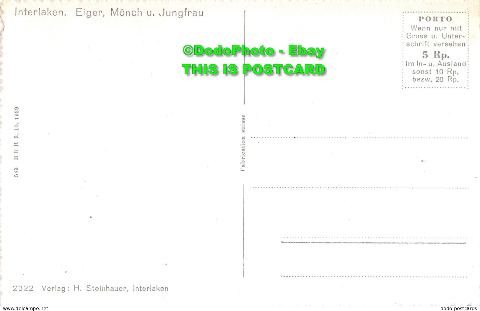 R346007 Interlaken. Eiger. Monch U. Jungfrau. H. Steinhauer. B. R. B. 1939 - World