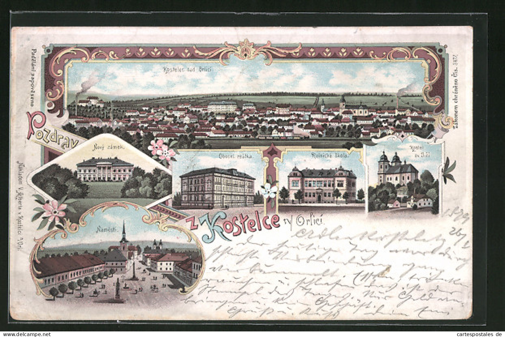 Lithographie Adler Kosteletz / Kostelec Nad Orlici, Namesti, Rolnicka Skola, Kostel Sv Jiri  - Tschechische Republik