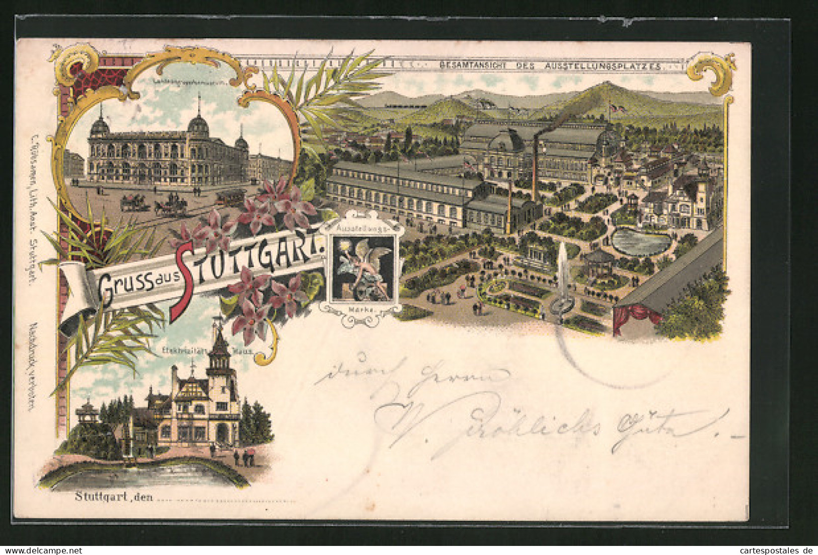 Lithographie Stuttgart, Gesamtansicht Des Ausstellungsplatzes, Landesgewerbemuseum, Elektrizitätshaus  - Tentoonstellingen