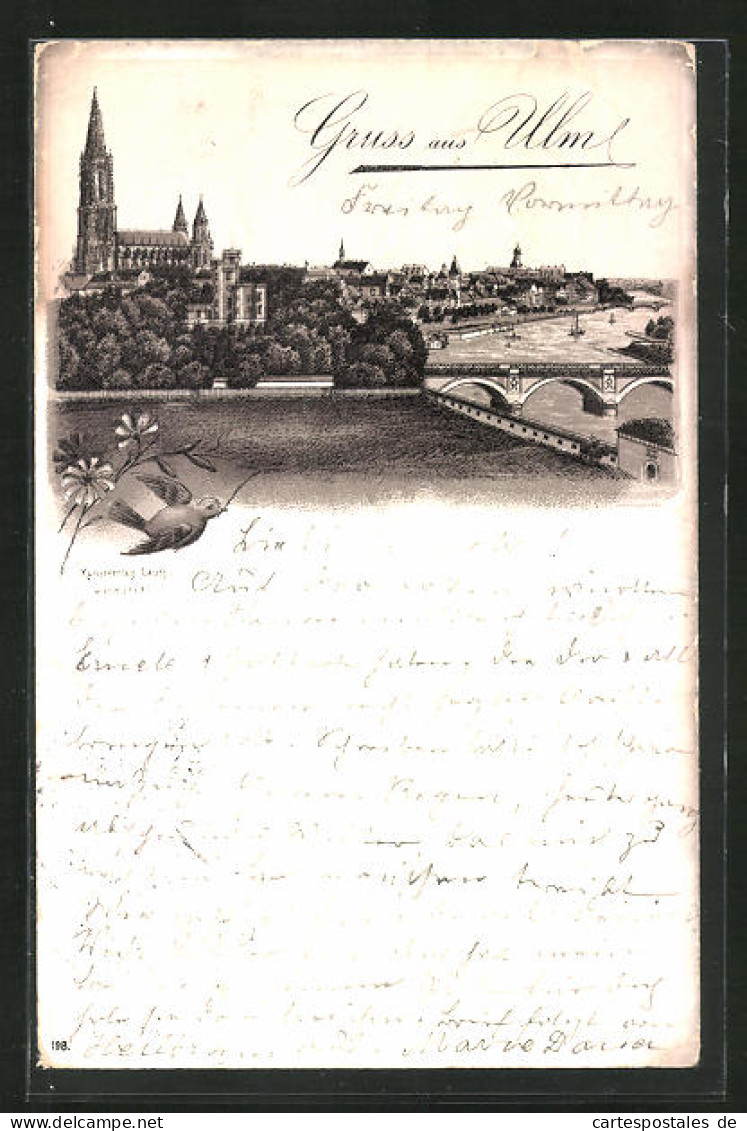 Lithographie Ulm, Flusspartie Mit Münster  - Ulm