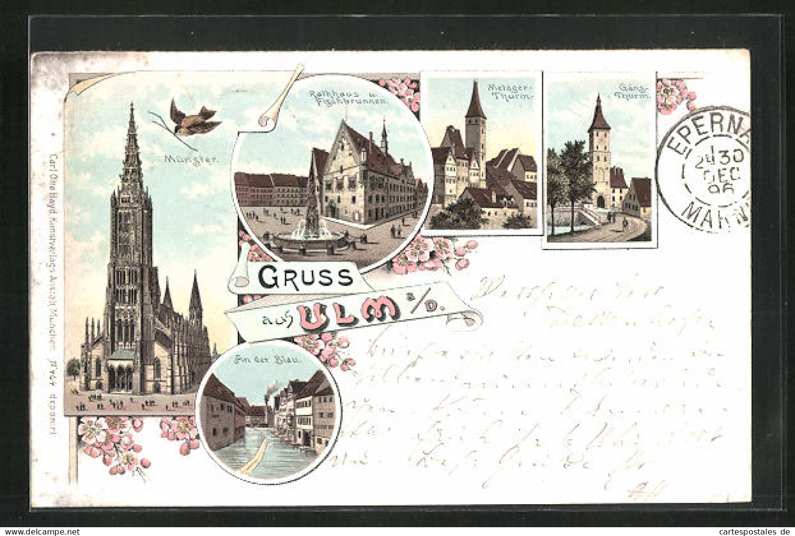 Lithographie Ulm, Metzgerturm, Gäns-Thurm, Rathaus U. Fischbrunnen  - Ulm