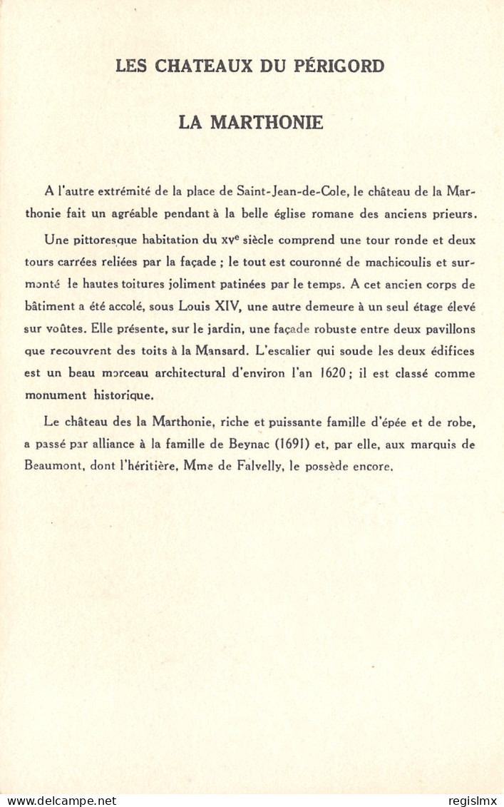 24-SAINT JEAN DE COLE CHATEAU DE LA MARTHONIE-N°T1176-F/0267 - Sonstige & Ohne Zuordnung