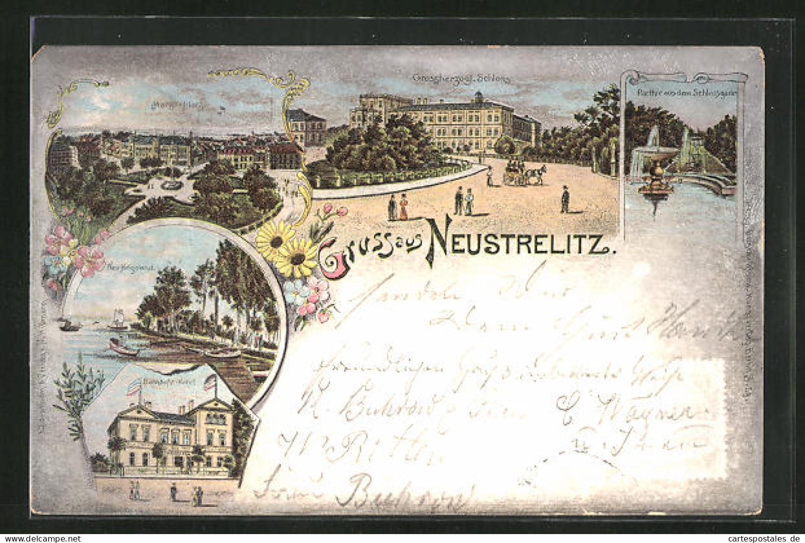 Lithographie Neustrelitz, Bahnhofs-Hotel, Grossherzogliches Schloss, Marktplatz  - Neustrelitz