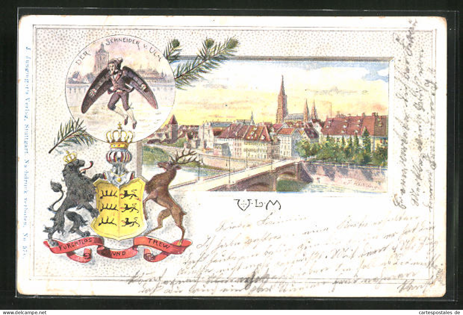 Passepartout-Lithographie Ulm, Teilansicht Mit Brücke, Der Schneider Von Ulm, Wappen  - Other & Unclassified
