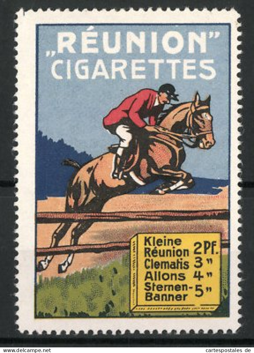 Reklamemarke Réunion Cigarettes, Jockey Mit Pferd Beim Hindernissreiten  - Vignetten (Erinnophilie)