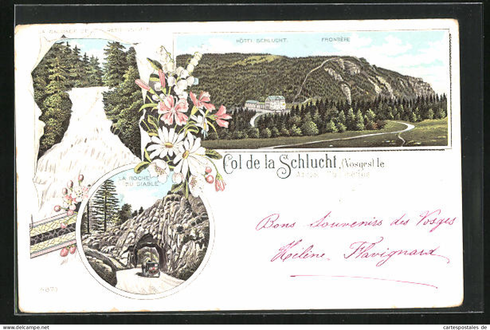 Lithographie Col De La Schlucht, Hotel Schlucht, La Cascade De Retournemer, La Roche Du Diable  - Autres & Non Classés