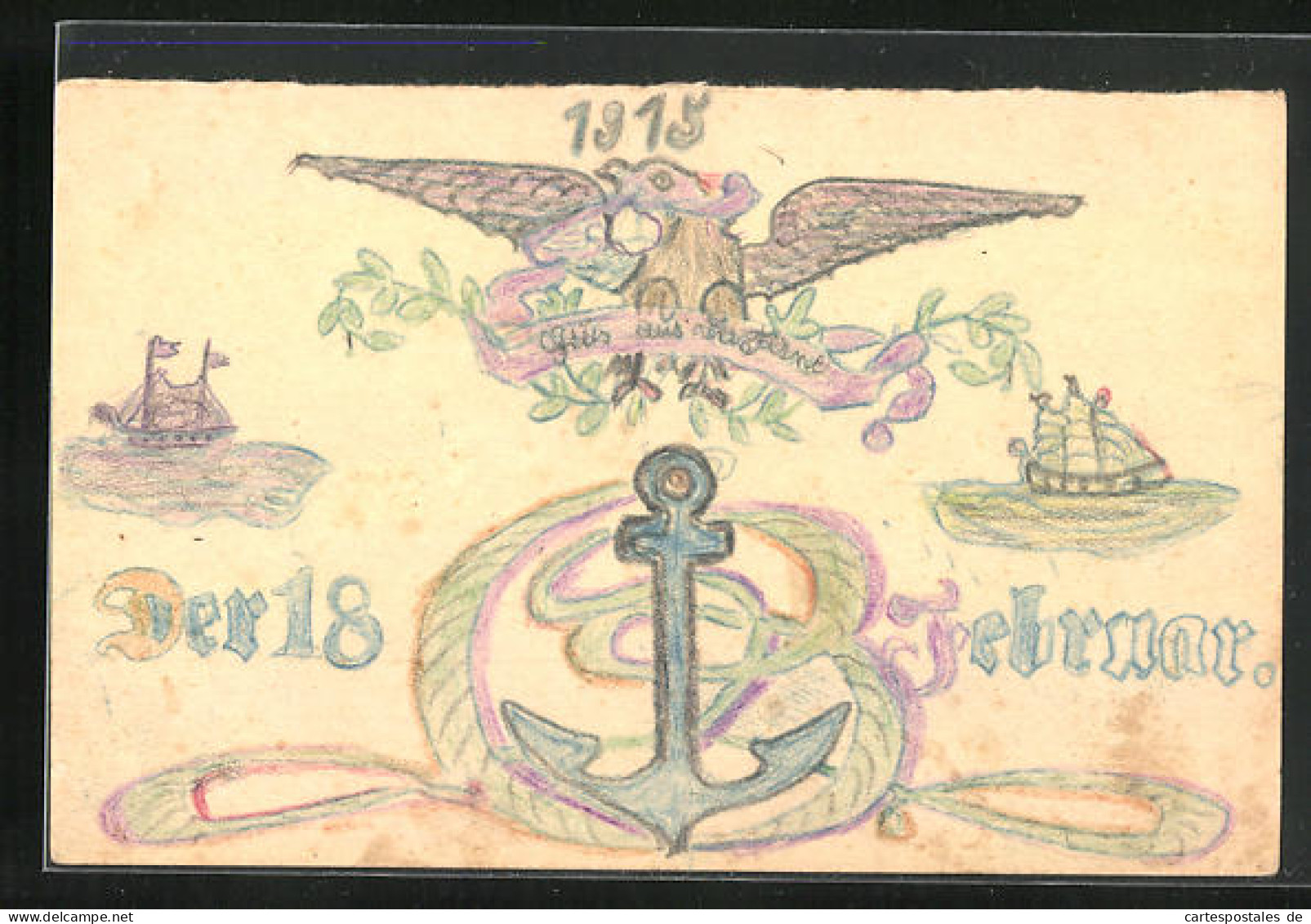 Künstler-AK Handgemalt: Adler, Anker Und Segelschiffe, Schützengrabenkunst 1915  - Autres & Non Classés