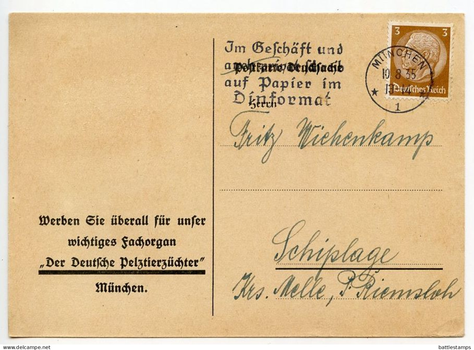 Germany 1935 Postcard; München - Der Deutscher Pelztierzüchter To Schiplage; 3pf. Hindenburg; Slogan Cancel - Storia Postale