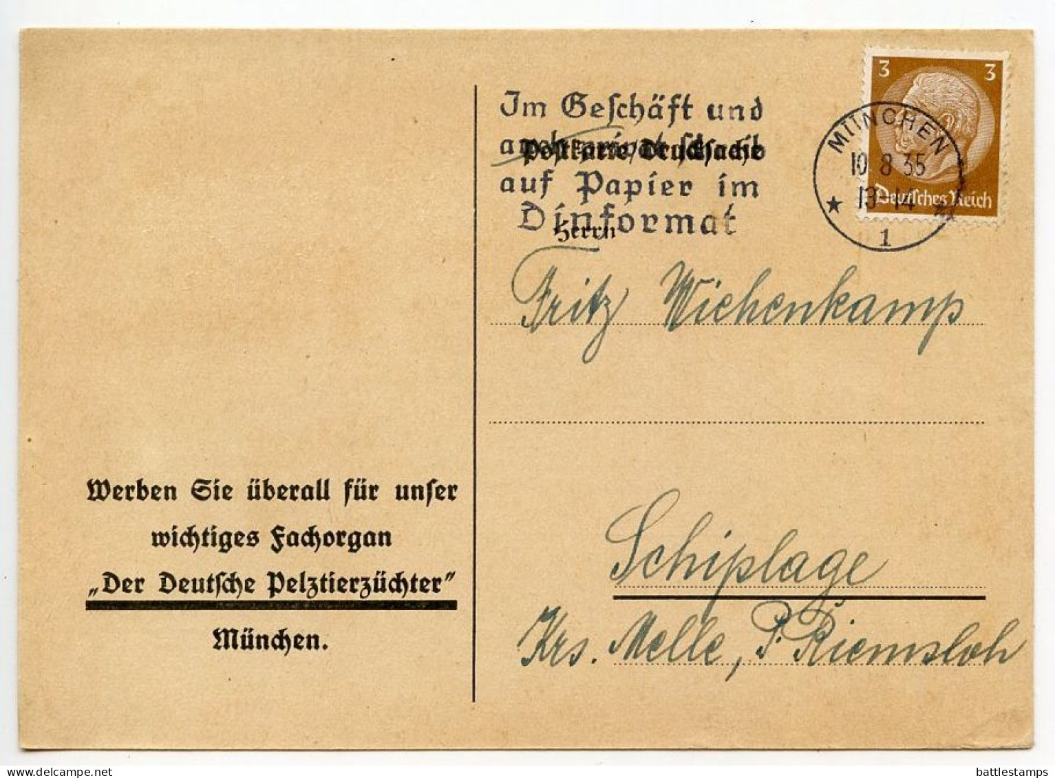 Germany 1935 Postcard; München - Der Deutscher Pelztierzüchter To Schiplage; 3pf. Hindenburg; Slogan Cancel - Lettres & Documents