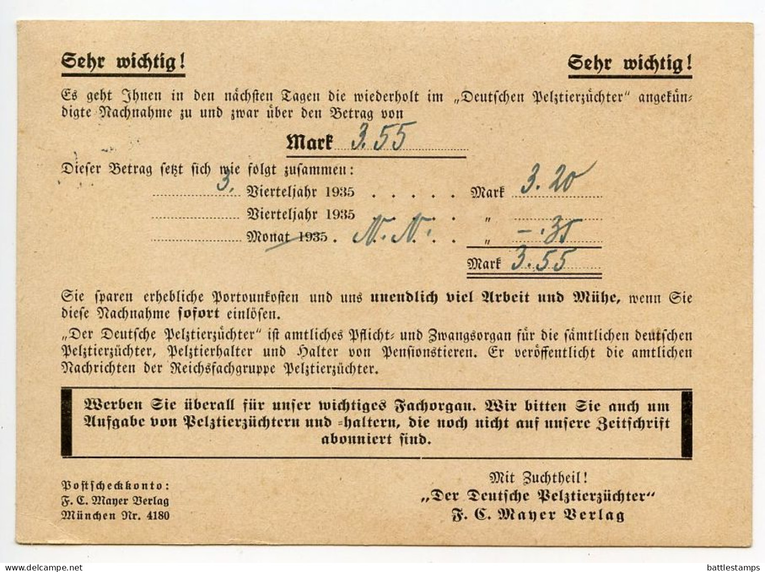 Germany 1935 Postcard; München - Der Deutscher Pelztierzüchter To Schiplage; 3pf. Hindenburg; Slogan Cancel - Covers & Documents