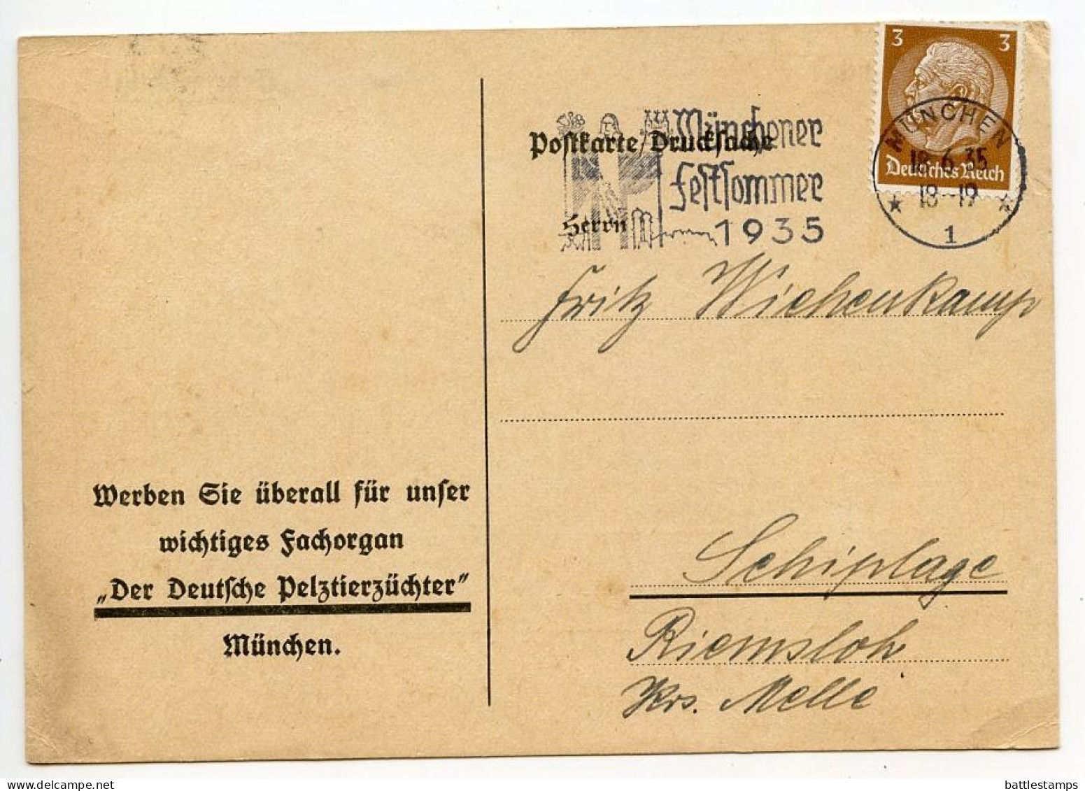 Germany 1935 Postcard; München - Der Deutscher Pelztierzüchter; 3pf. Hindenburg; Münchener Festsommer Slogan Cancel - Briefe U. Dokumente