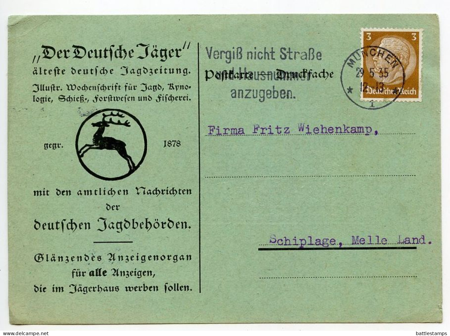 Germany 1935 Postcard; München - "Der Deutsche Jäger" To Schiplage; 3pf. Hindenburg; Slogan Cancel - Briefe U. Dokumente