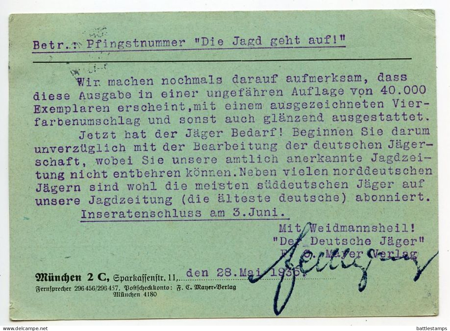 Germany 1935 Postcard; München - "Der Deutsche Jäger" To Schiplage; 3pf. Hindenburg; Slogan Cancel - Storia Postale