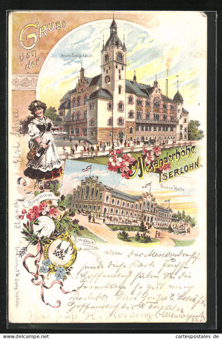 Lithographie Iserlohn, Alexanderhöhe, Neues Saalgebäude, Grosse Halle, Einigkeit  - Iserlohn