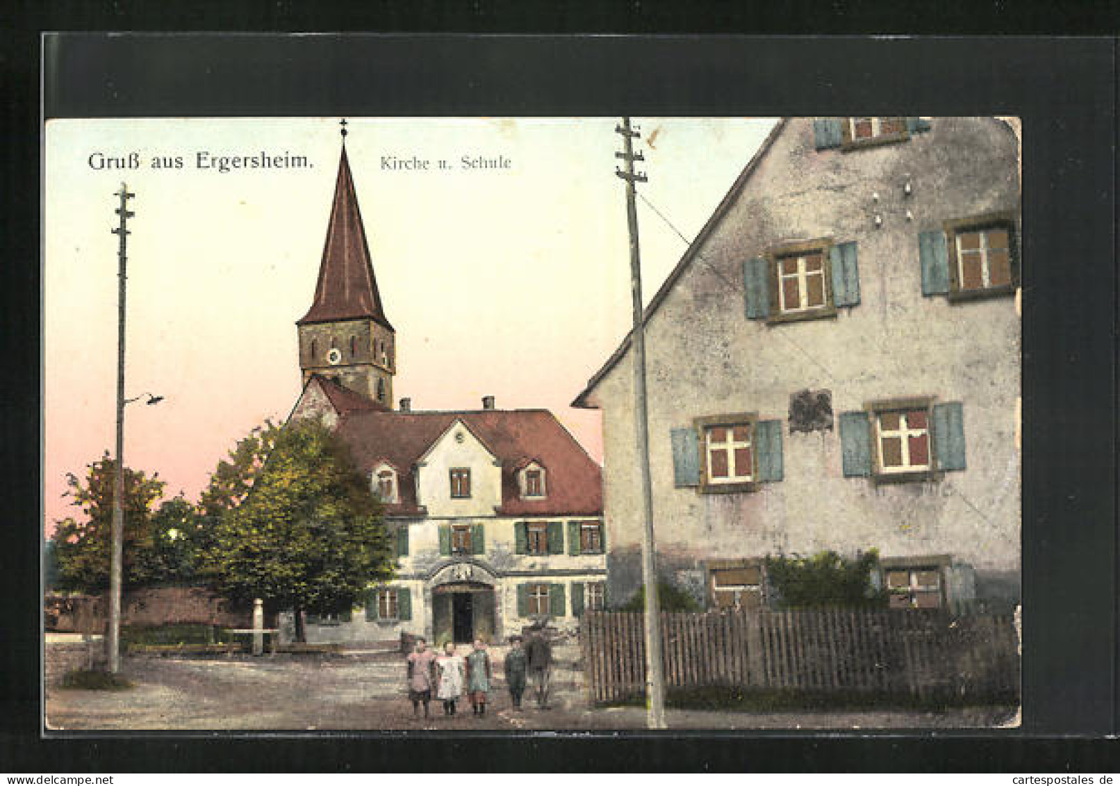 Goldfenster-AK Ergersheim, Kirche Und Schule Mit Leuchtenden Fenstern  - Autres & Non Classés