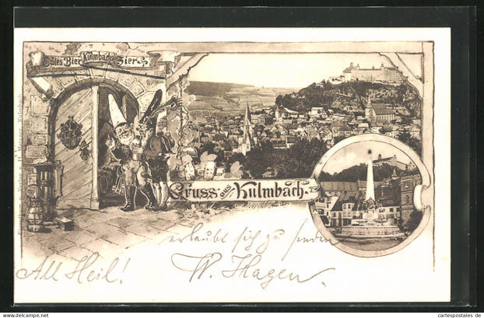 Lithographie Kulmbach, Zwerge Mit Bierkrügen, Ortsansicht  - Kulmbach