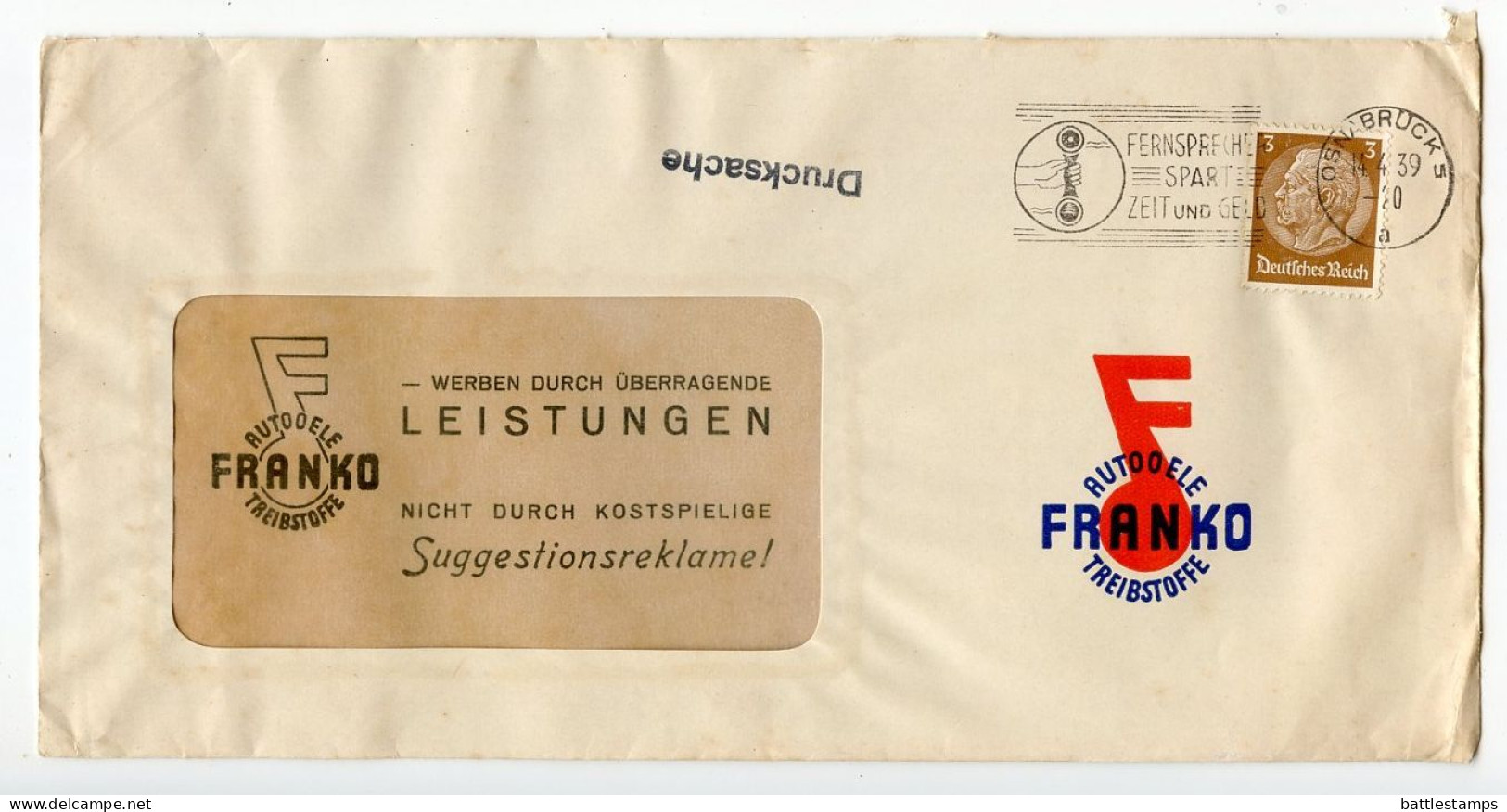 Germany 1939 Cover; Osnabrück - Franko, Auto O Ele Treibstoffe; 3pf. Hindenburg; Telephone Slogan Cancel - Covers & Documents
