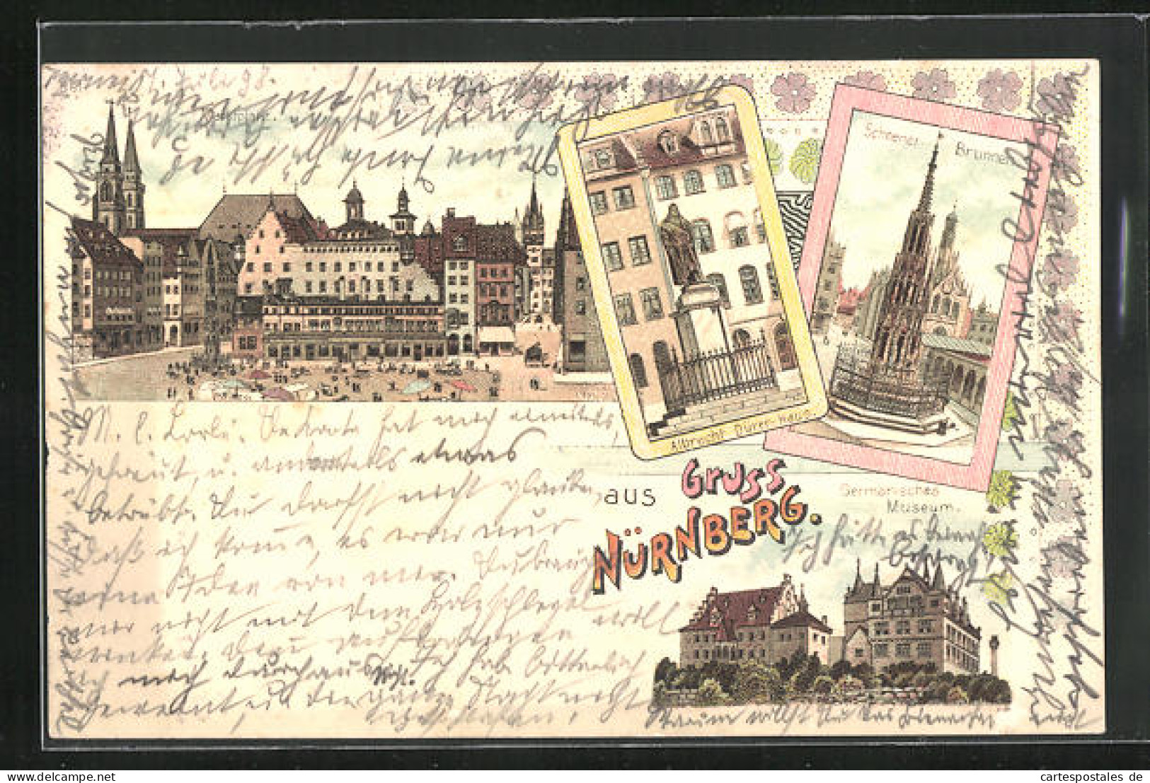Lithographie Nürnberg, Germanisches Museum, Albrecht-Dürer-Haus, Schöner Brunnen  - Nürnberg