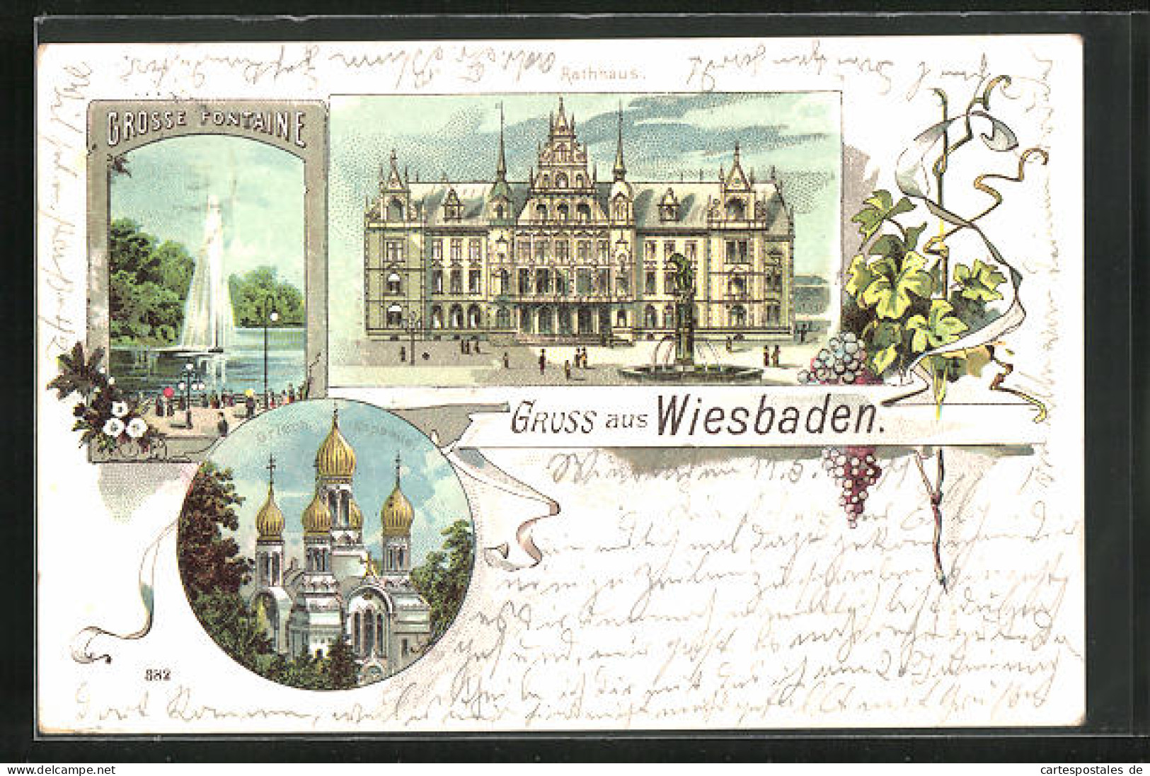 Lithographie Wiesbaden, Grosse Fontaine, Griech. Kapelle, Rathaus  - Wiesbaden