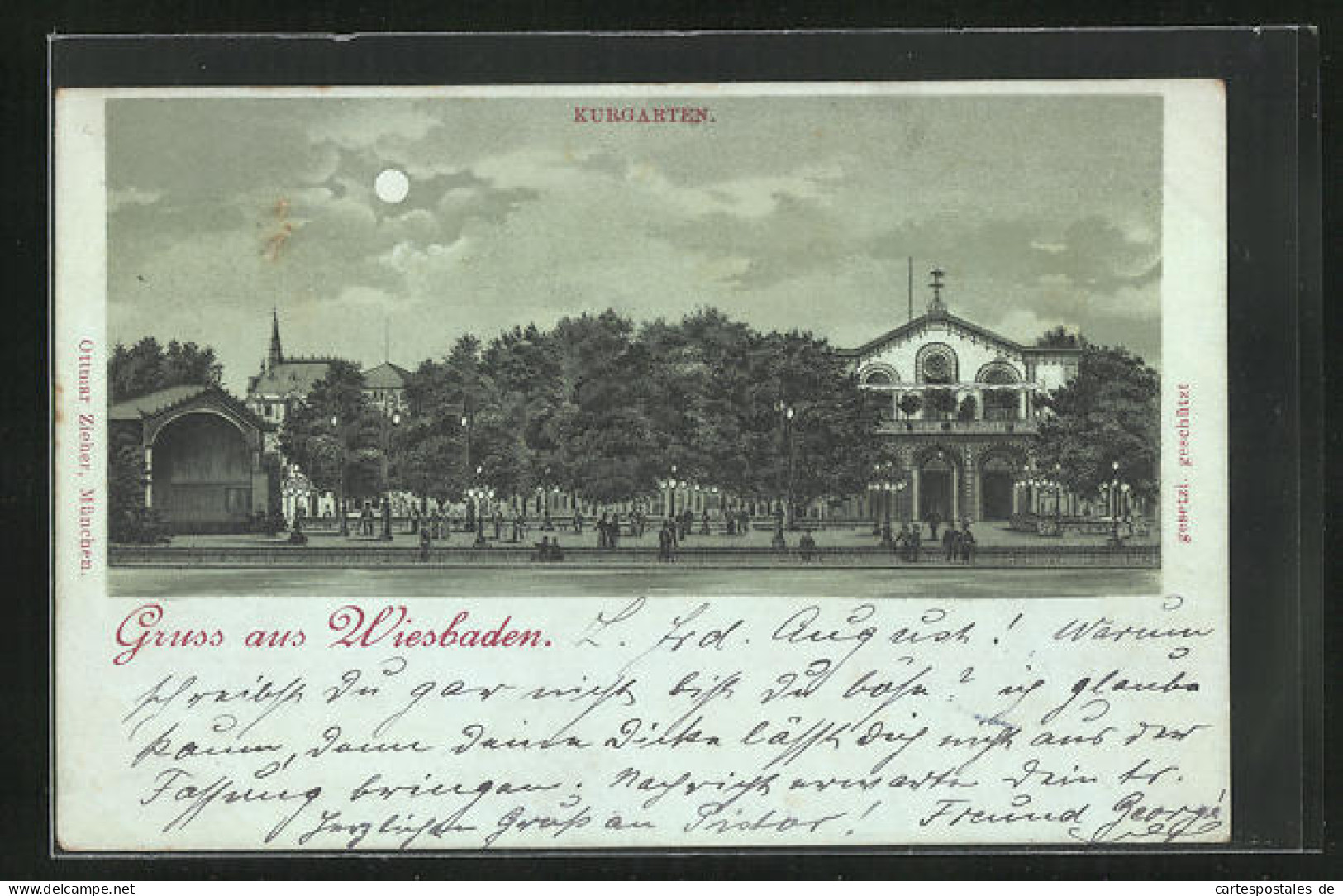 Mondschein-Lithographie Wiesbaden, Kurgarten Bei Nacht  - Wiesbaden