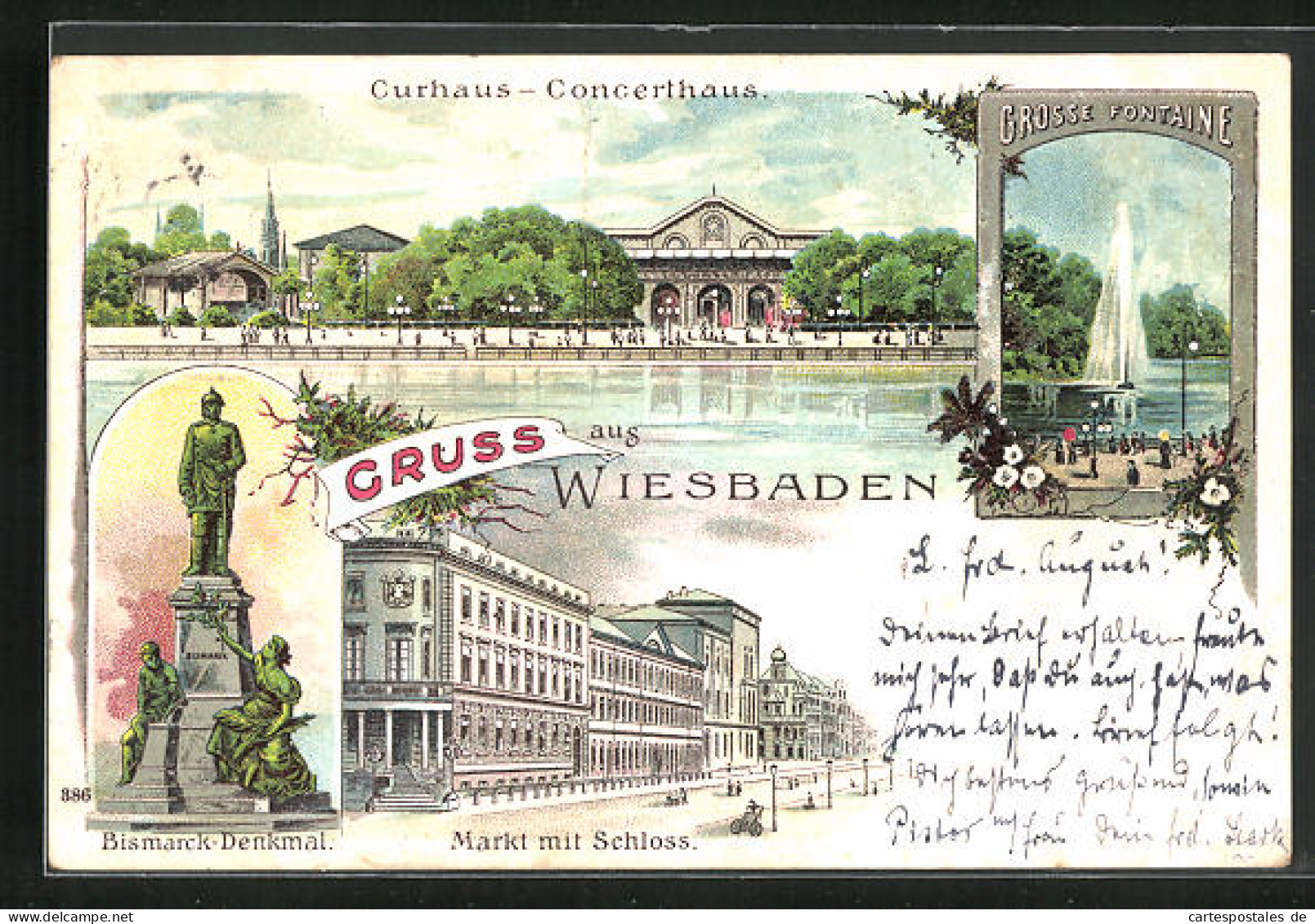 Lithographie Wiesbaden, Curhaus-Concerthaus, Bismarck-Denkmal, Markt Mit Schloss  - Wiesbaden