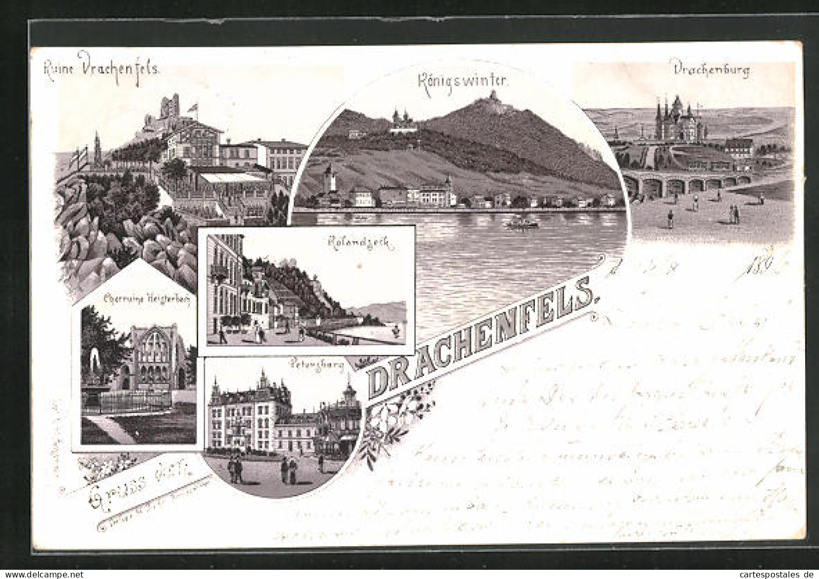 Lithographie Königswinter, Drachenburg, Petersberg, Chorruine Heisterbach  - Petersberg