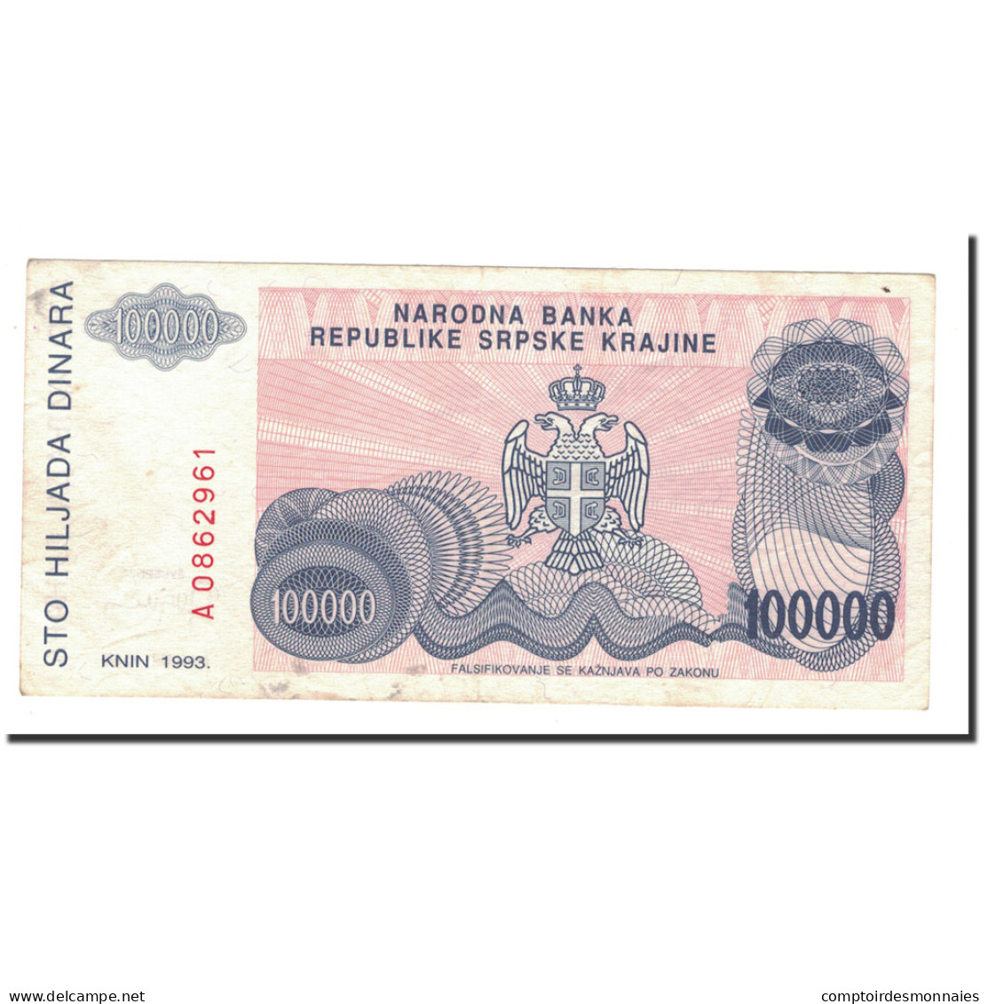 Billet, Croatie, 100,000 Dinara, 1993, KM:R22a, TTB - Croatia