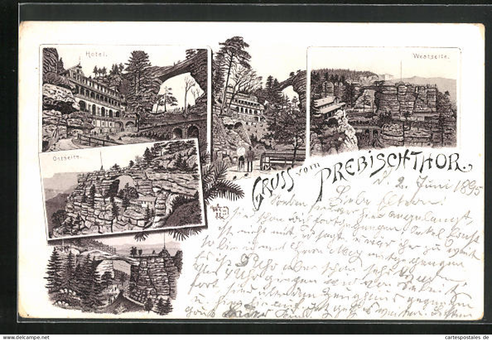 Vorläufer-Lithographie Prebischthor, 1895, Hotel, Ansichten Des Thores  - Tschechische Republik