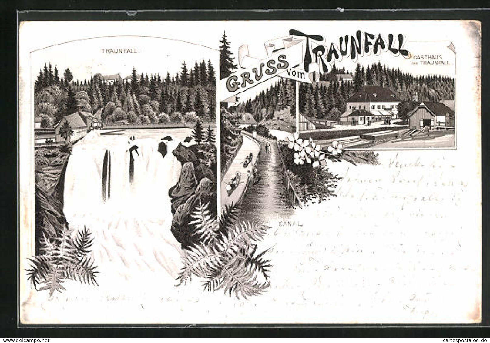 Vorläufer-Lithographie Roitham, 1895, Gasthaus Am Traunfall, Kanal  - Other & Unclassified