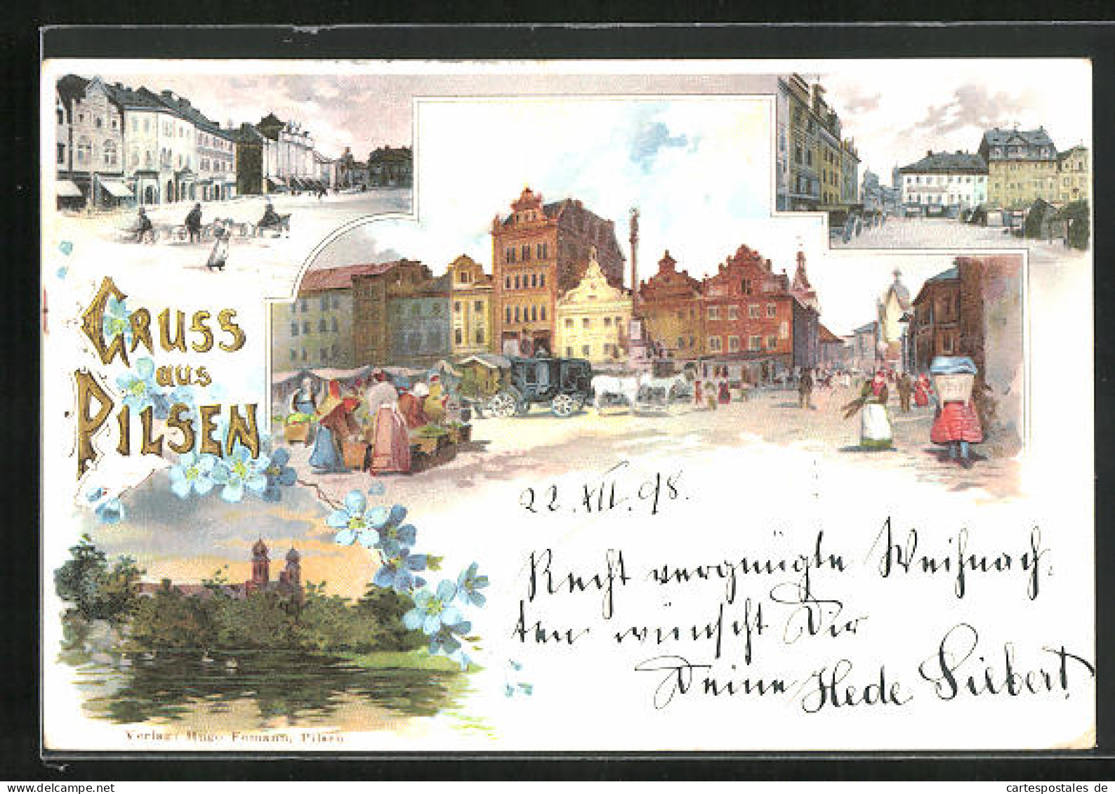 Lithographie Pilsen, Strassenpartie Mit Gebäudeansicht, Uferpartie Mit Kirche, Marktplatz  - Tschechische Republik